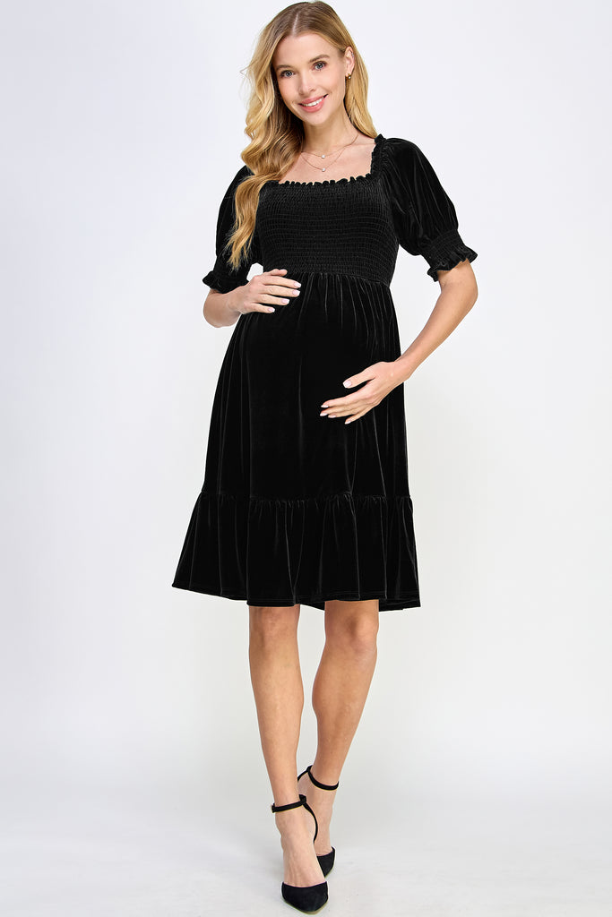 Black Velvet Puff Sleeve Smocked Maternity Dress Full Body