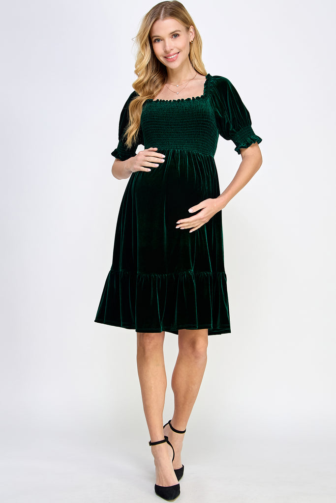 Hunter Green Velvet Puff Sleeve Smocked Maternity Dress Full Body