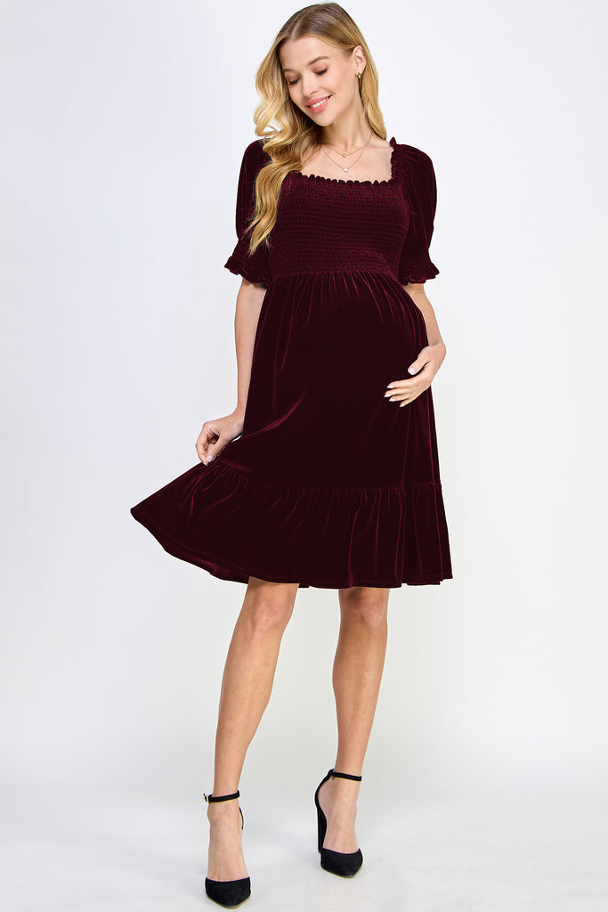 Burgundy Velvet Puff Sleeve Smocked Maternity Dress Full Body