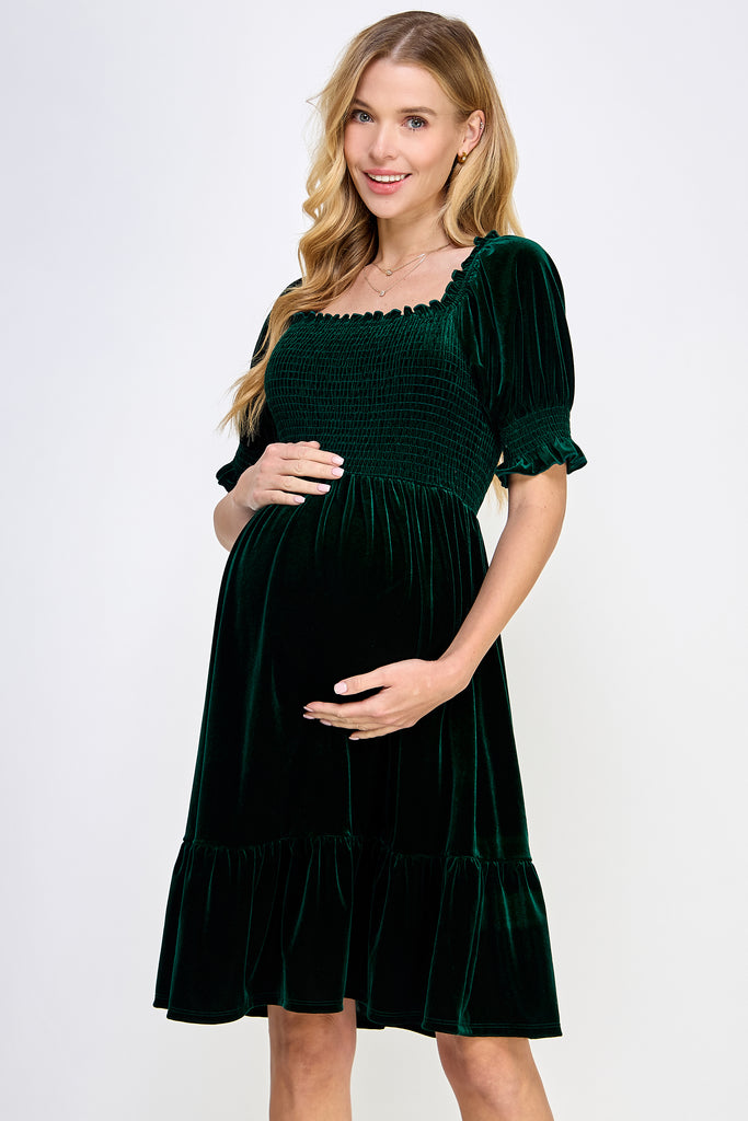 Hunter Green Velvet Puff Sleeve Smocked Maternity Dress Side