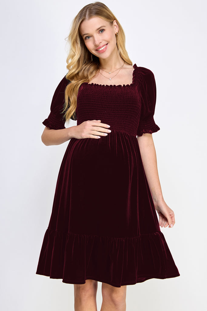 Burgundy Velvet Puff Sleeve Smocked Maternity Dress Front