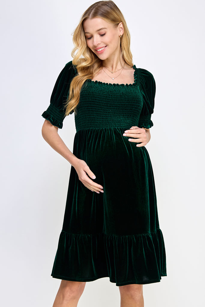 Hunter Green Velvet Puff Sleeve Smocked Maternity Dress Front
