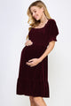 Burgundy Velvet Puff Sleeve Smocked Maternity Dress Side