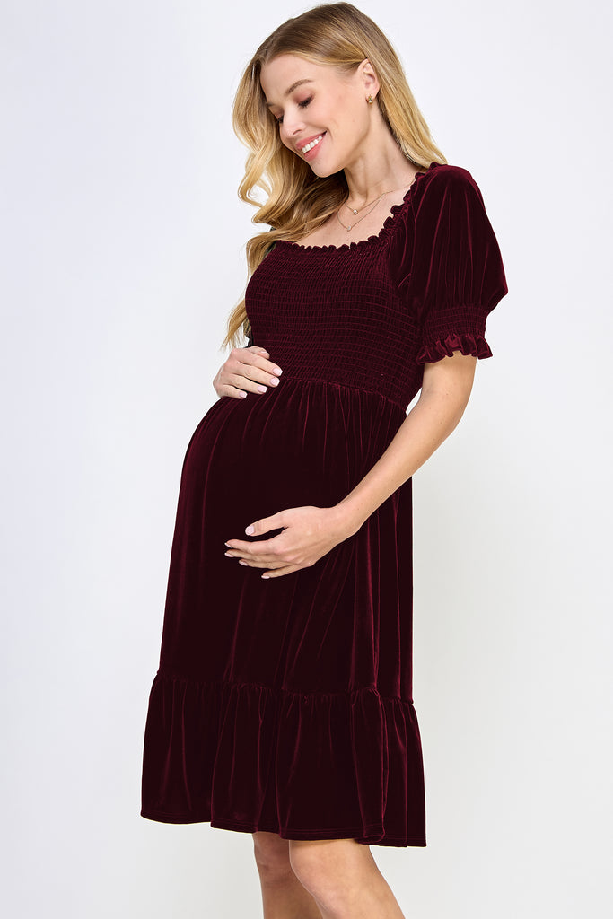 Burgundy Velvet Puff Sleeve Smocked Maternity Dress Side