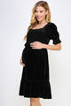 Black Velvet Puff Sleeve Smocked Maternity Dress Side