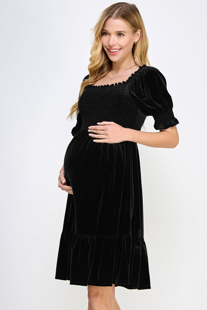 Black Velvet Puff Sleeve Smocked Maternity Dress Side