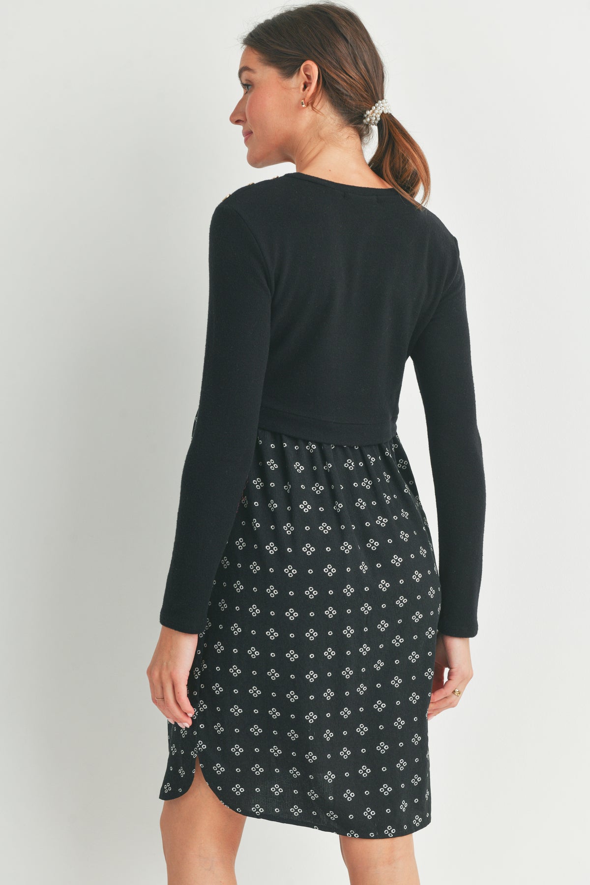 Black Long Sleeve Button Shoulder Maternity Nursing Dress Back