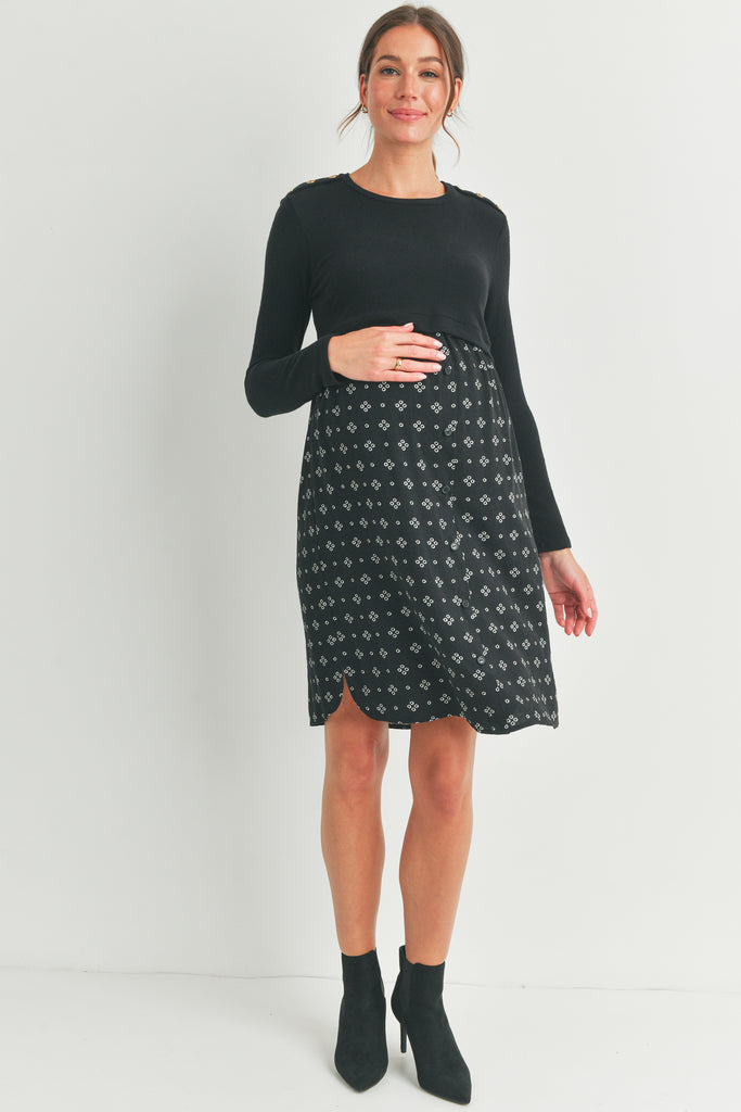 Black Long Sleeve Button Shoulder Maternity Nursing Dress Full Body