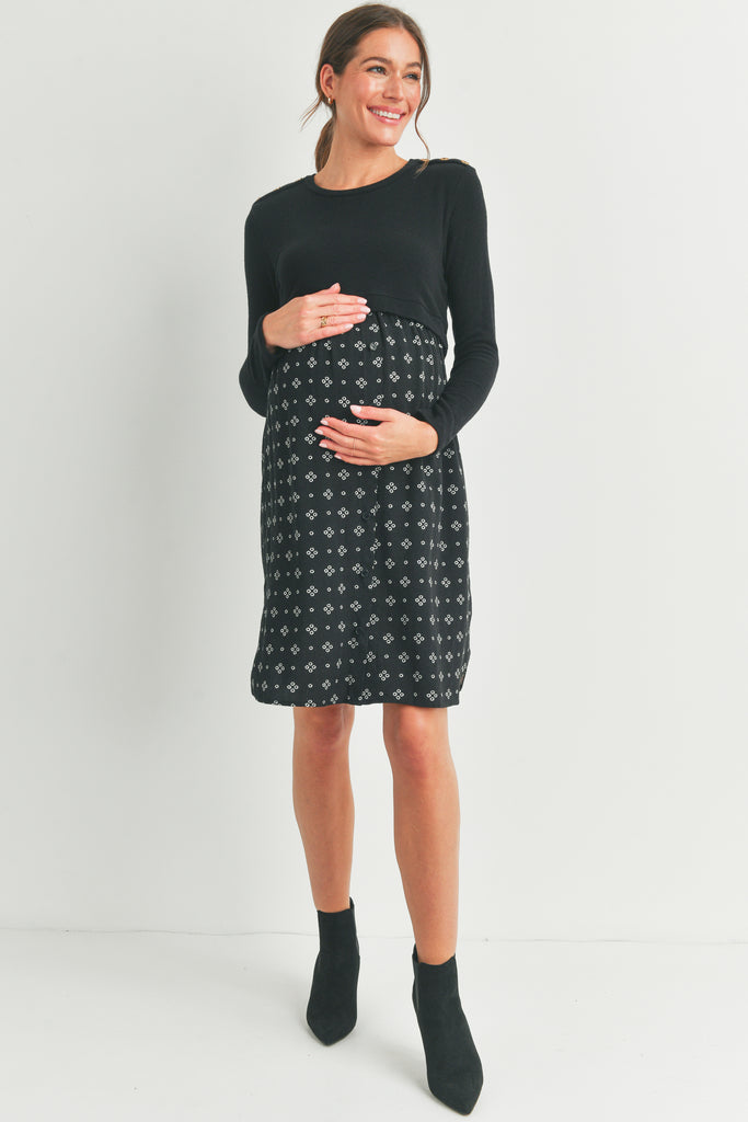 Black Long Sleeve Button Shoulder Maternity Nursing Dress Full Body
