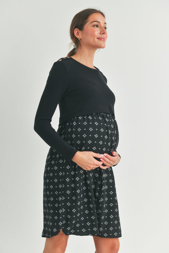 Black Long Sleeve Button Shoulder Maternity Nursing Dress Side