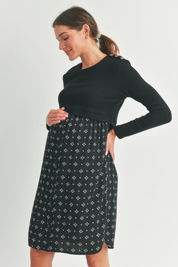 Black Long Sleeve Button Shoulder Maternity Nursing Dress Side