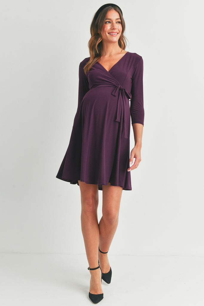 Purple Surplice Wrap Maternity Nursing Dress with Tie Full Body