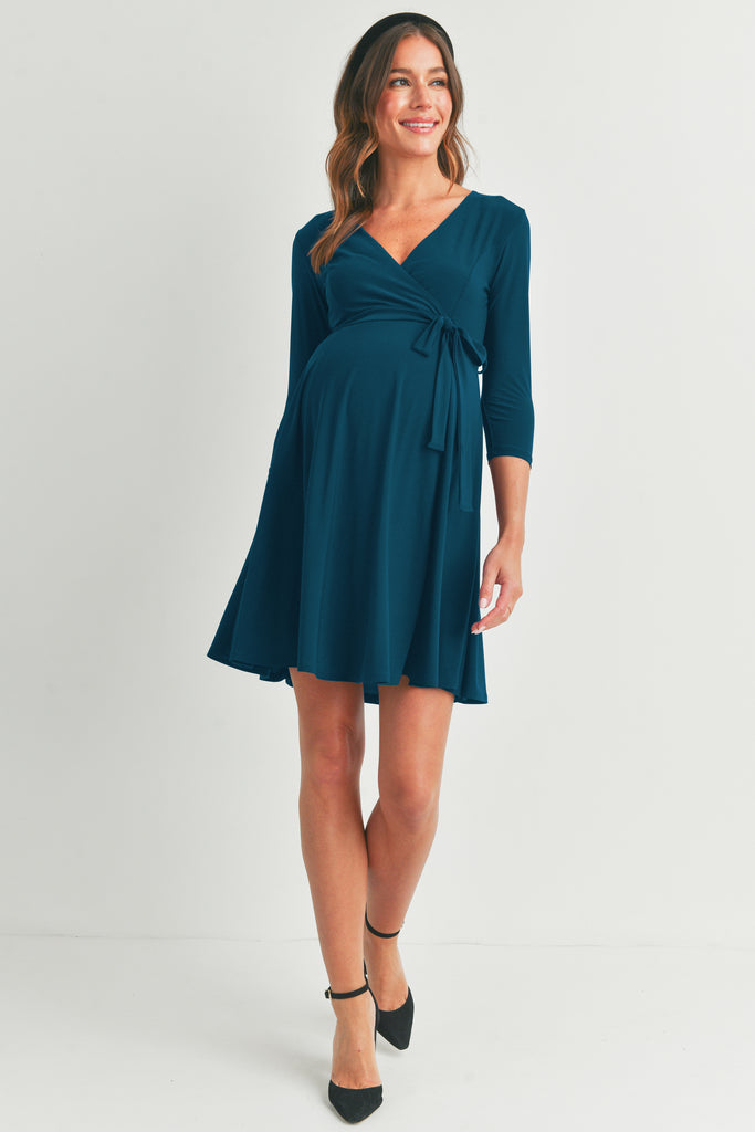 Teal Surplice Wrap Maternity Nursing Dress with Tie Full Body