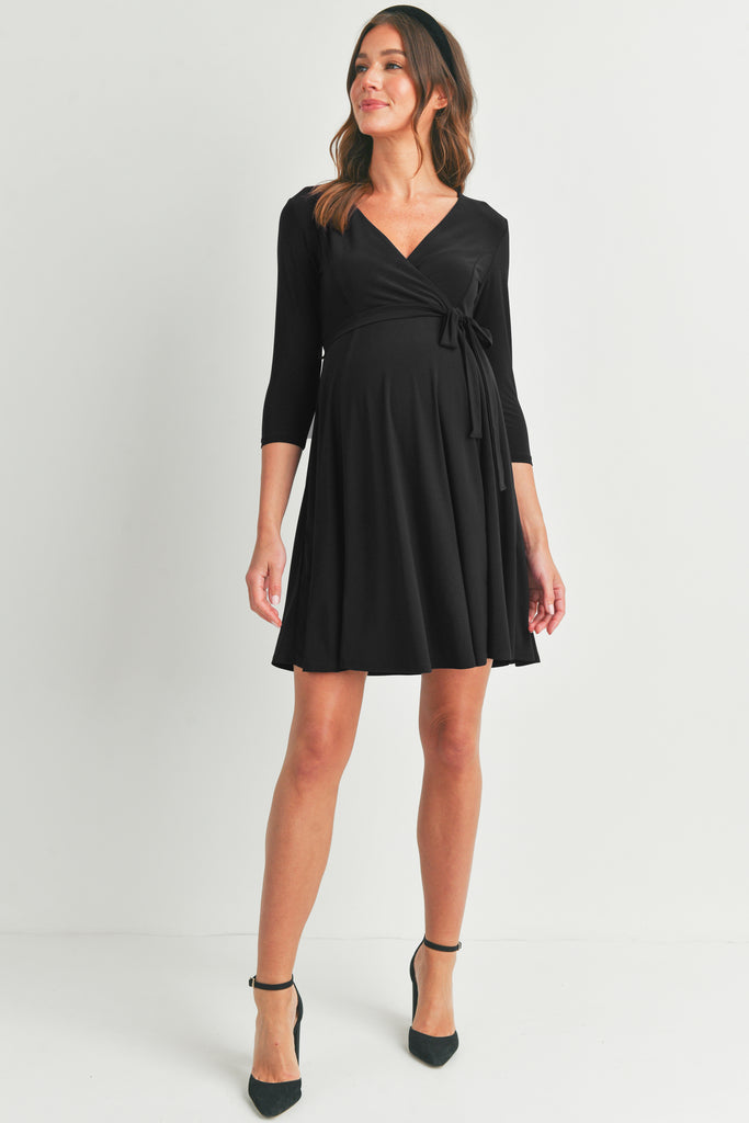 Black Surplice Wrap Maternity Nursing Dress with Tie Full Body