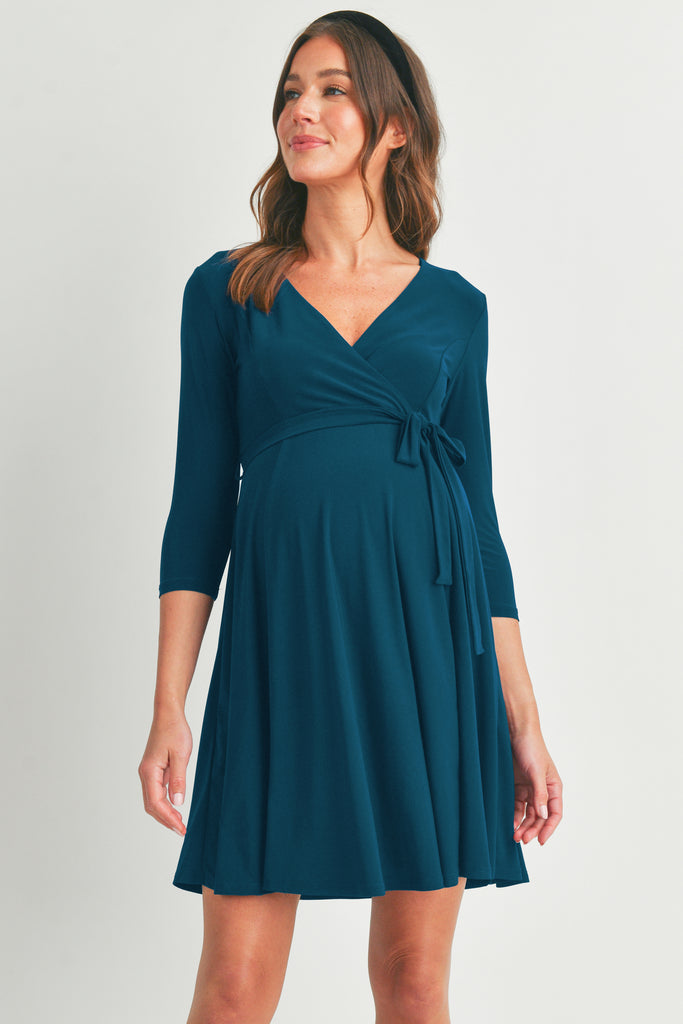 Teal Surplice Wrap Maternity Nursing Dress with Tie Front