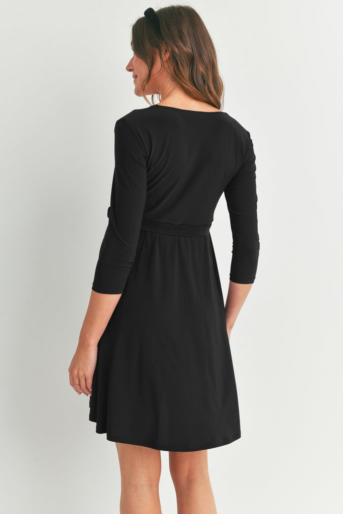 Black Surplice Wrap Maternity Nursing Dress with Tie Back