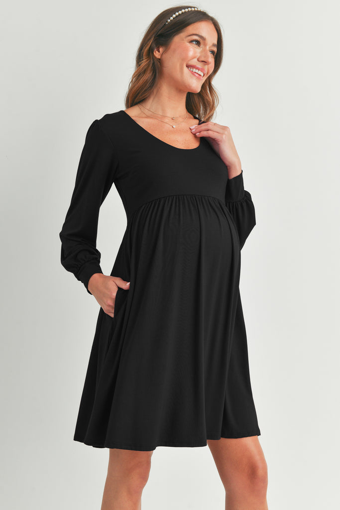 Black U Neck Puff Sleeve Maternity Dress with Pocket Side