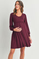 Burgundy U Neck Puff Sleeve Maternity Dress with Pocket Front