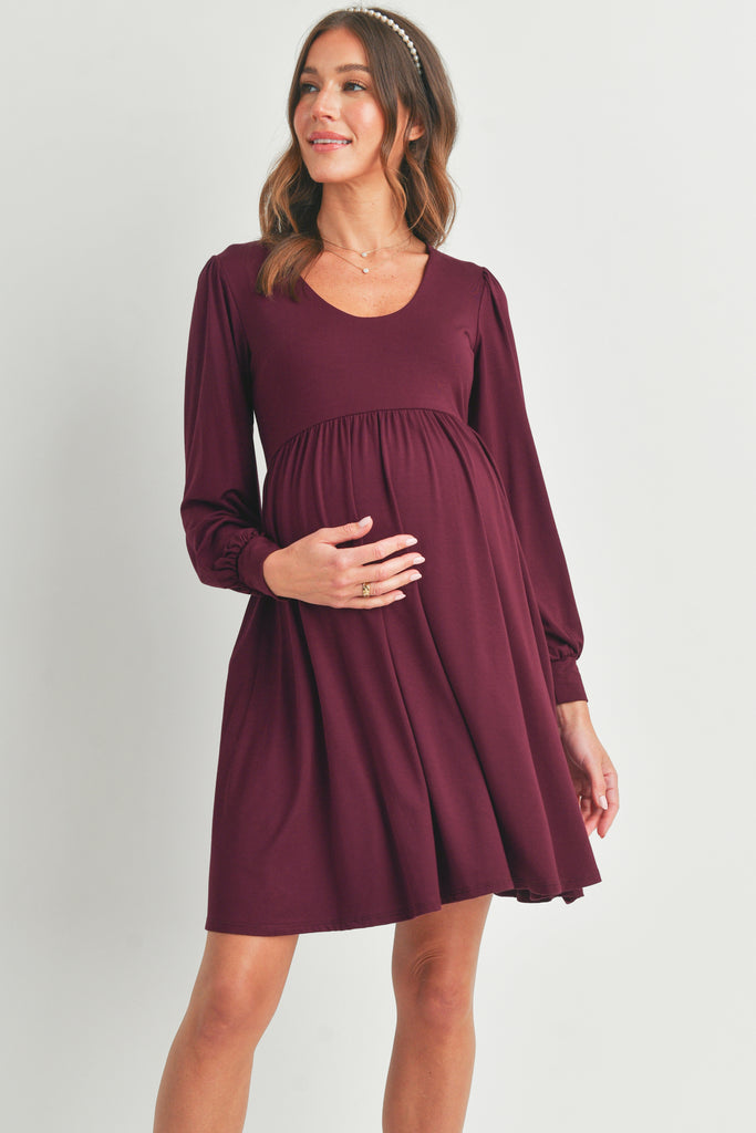 Burgundy U Neck Puff Sleeve Maternity Dress with Pocket Front