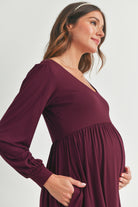 Navy U Neck Puff Sleeve Maternity Dress with Pocket Detail