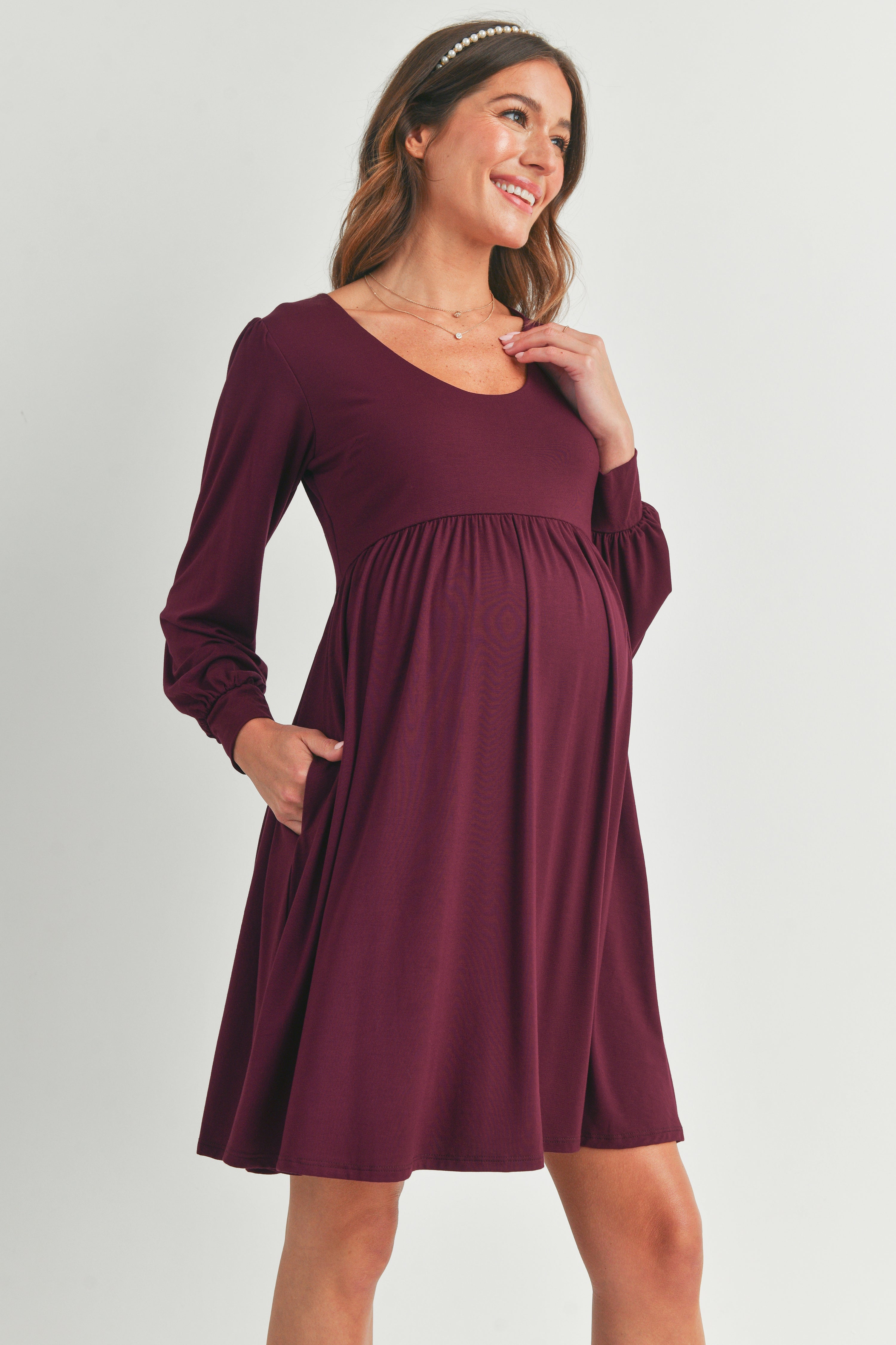 U Neck Puff Sleeve Maternity Dress with Pocket NAVY / LARGE U Neck Puff Sleeve Maternity Dress with Pocket NAVY / LARGE