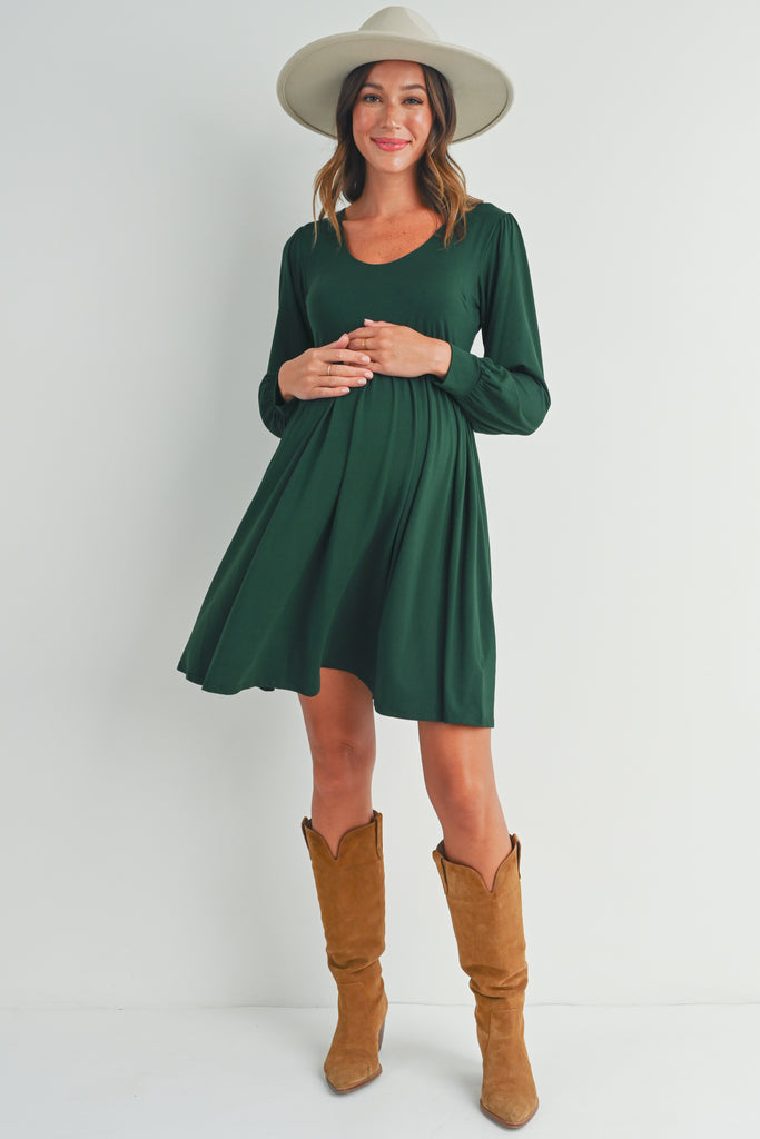 Green U Neck Puff Sleeve Maternity Dress with Pocket Full Body