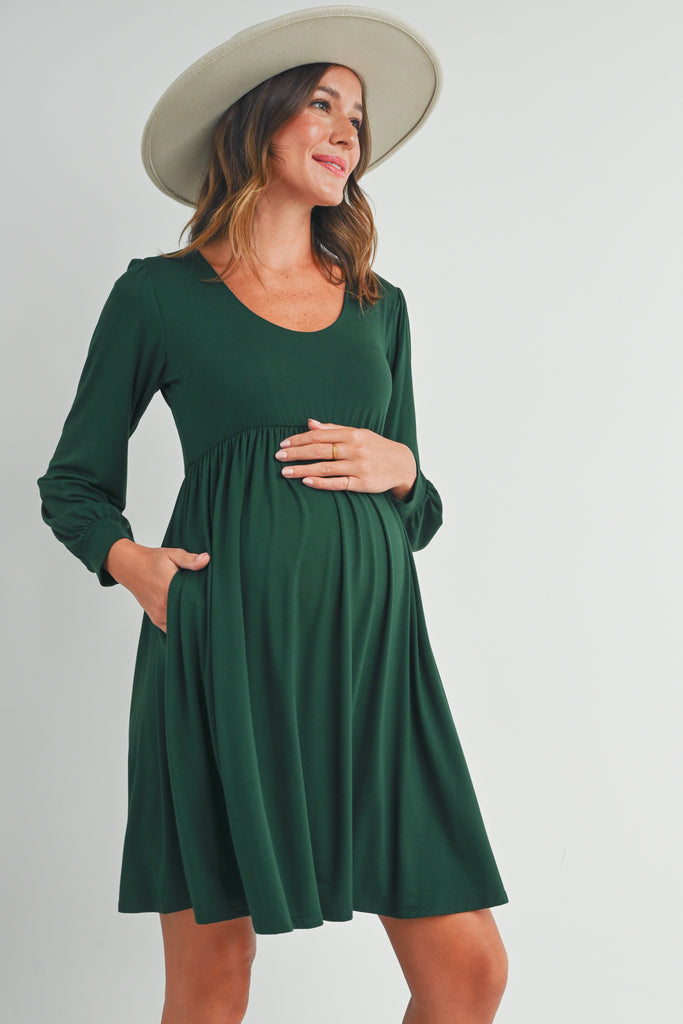 Green U Neck Puff Sleeve Maternity Dress with Pocket Side