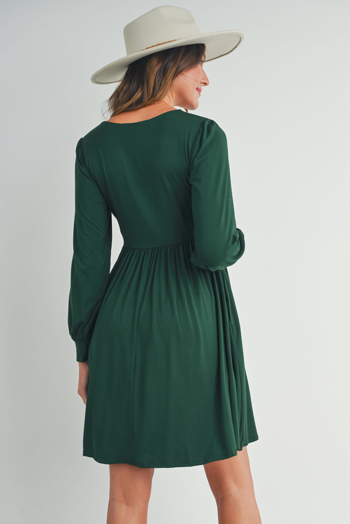 Green U Neck Puff Sleeve Maternity Dress with Pocket Back