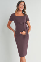 Mauve Square Neck Short Sleeve Tie Waist Maternity Dress Front View