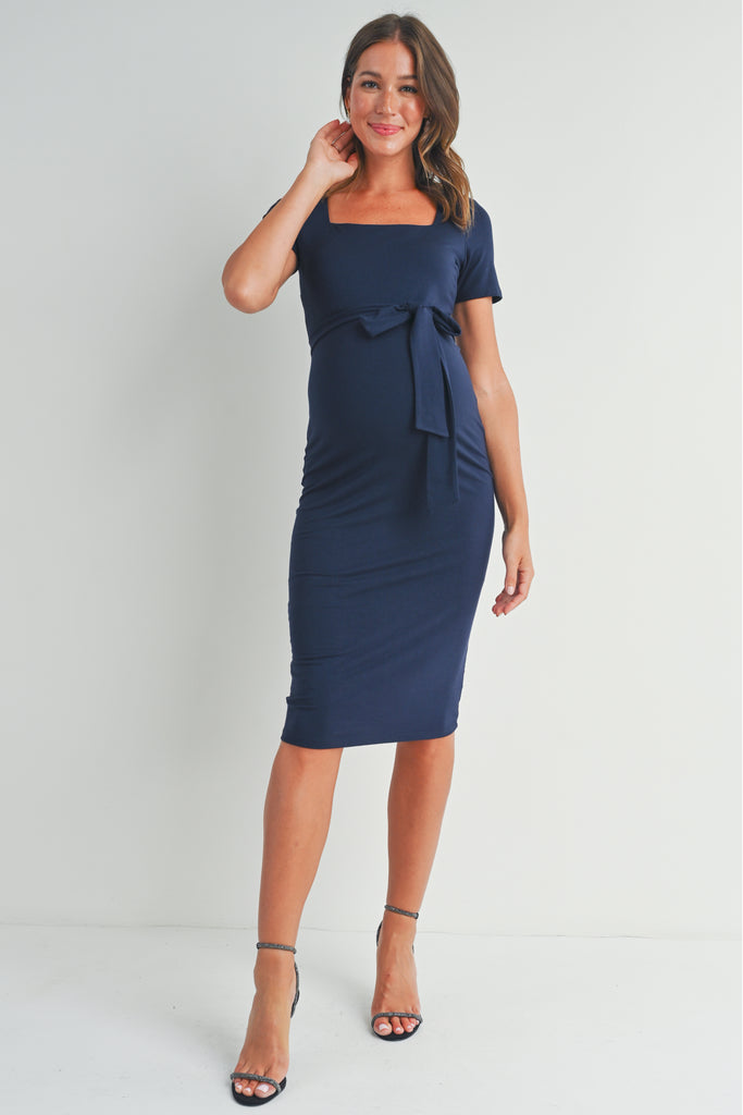 Navy Square Neck Short Sleeve Tie Waist Maternity Dress Full Body