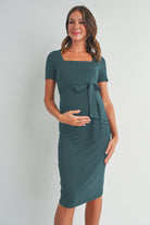 Sea Blue Square Neck Short Sleeve Tie Waist Maternity Dress 