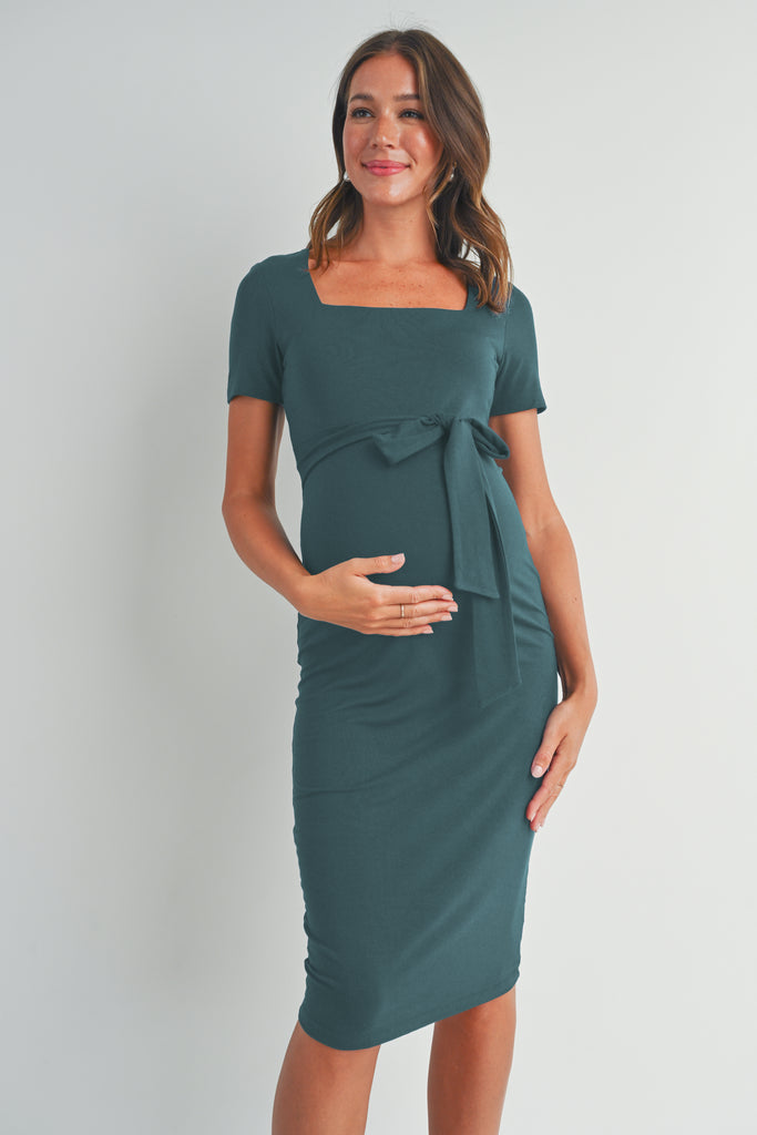 Sea Blue Square Neck Short Sleeve Tie Waist Maternity Dress 