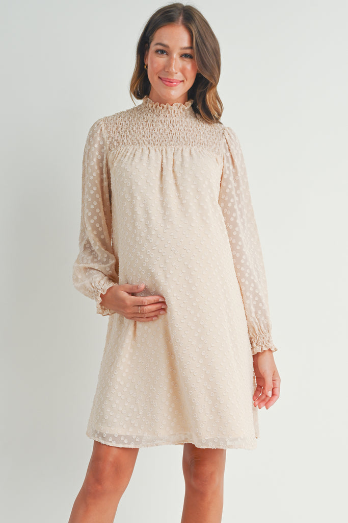 Cream Smocked Mock Neck Long Sleeve Maternity Dress Front