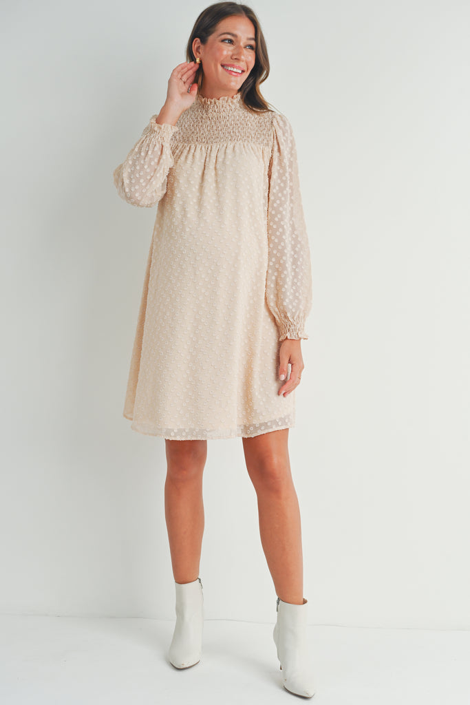 Cream Smocked Mock Neck Long Sleeve Maternity Dress Full Body