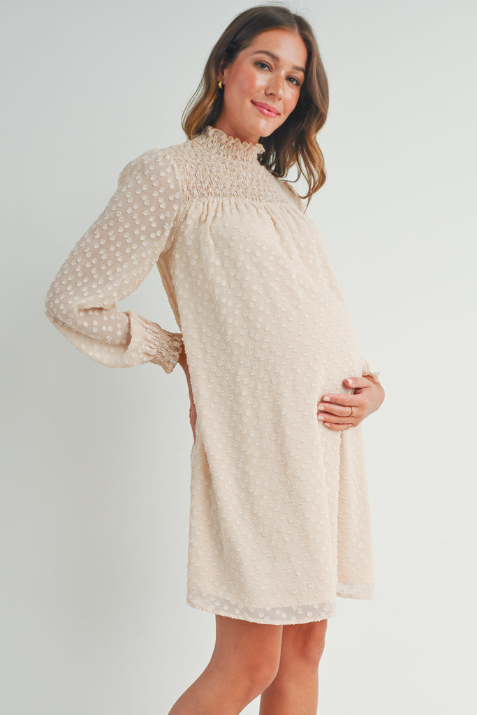 Cream Smocked Mock Neck Long Sleeve Maternity Dress Side