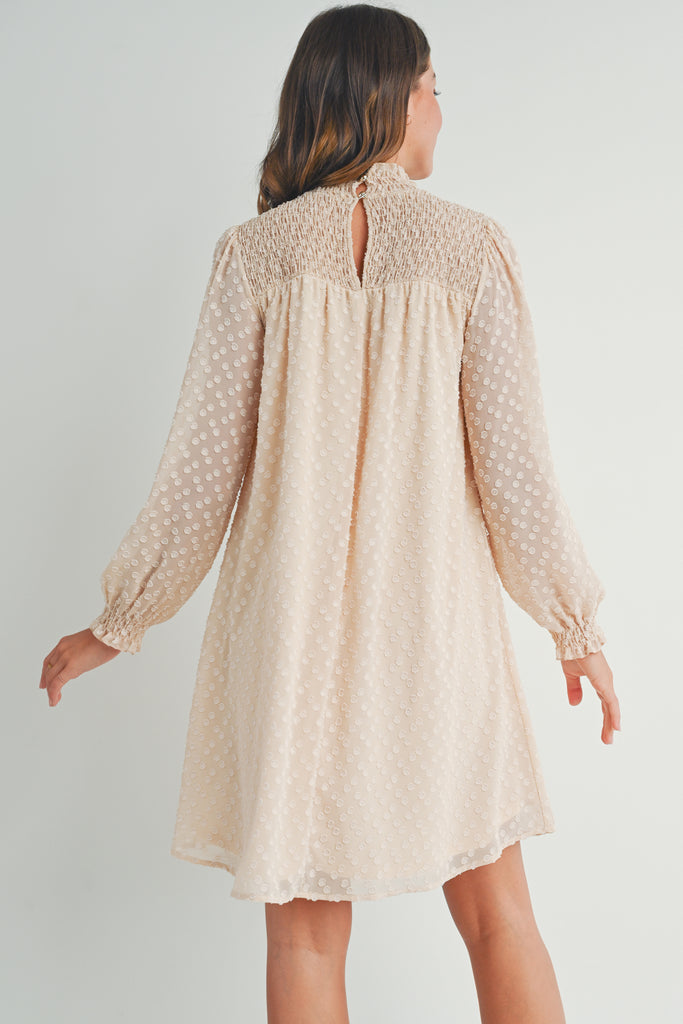 Cream Smocked Mock Neck Long Sleeve Maternity Dress Back