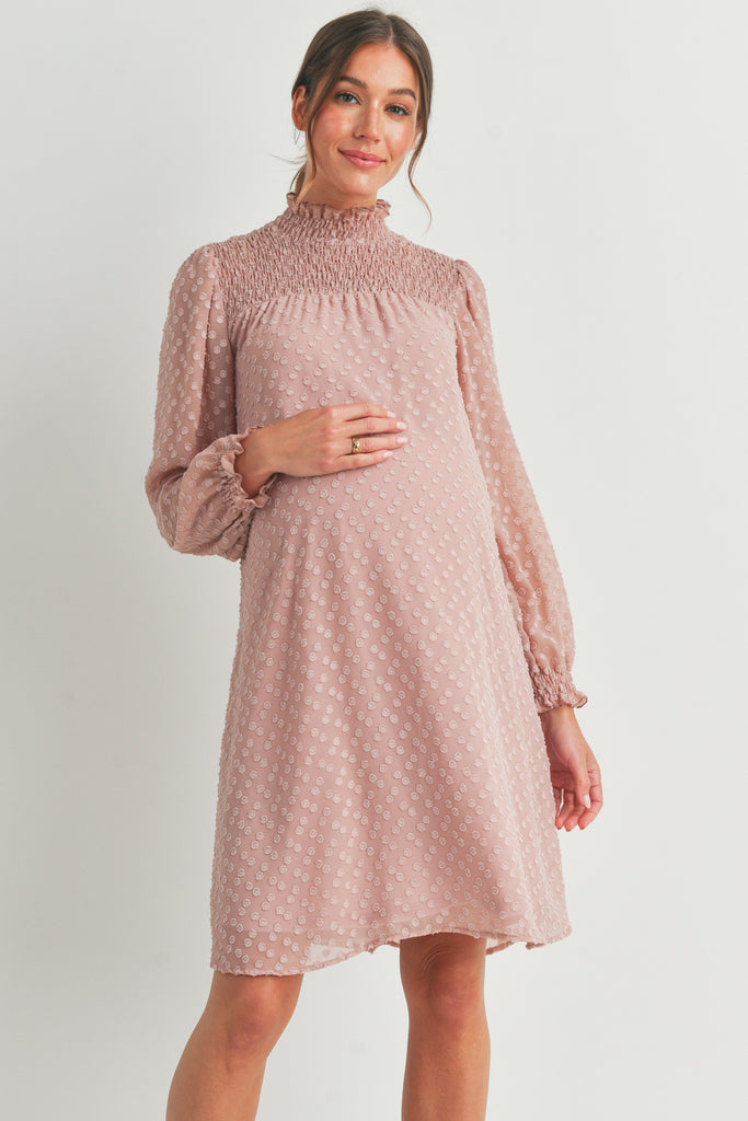 Blush Smocked Mock Neck Long Sleeve Maternity Dress Front