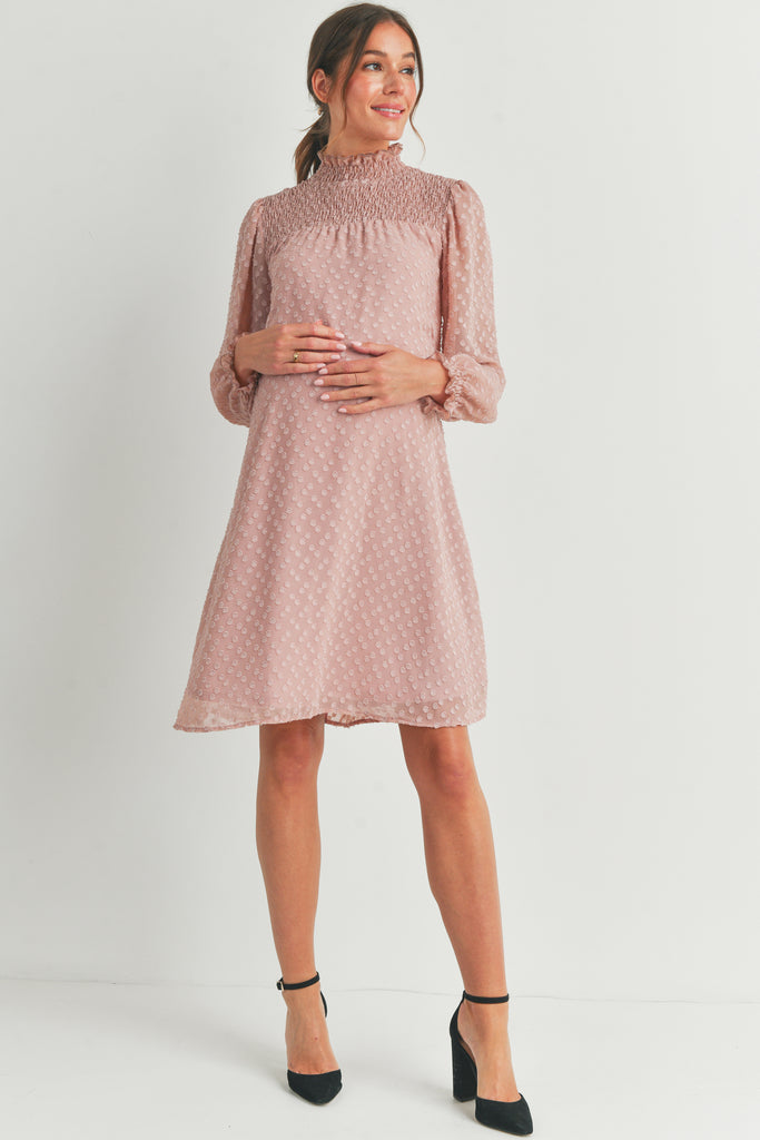 Blush Smocked Mock Neck Long Sleeve Maternity Dress Full Body