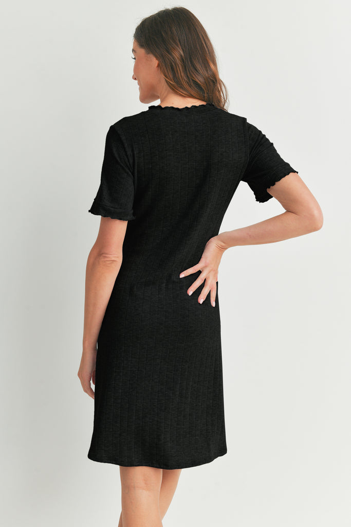 Black Wide Rib Lettuce Trim Maternity Dress Back