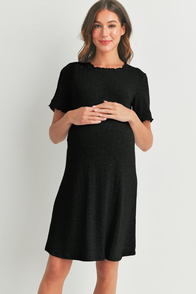 Black Wide Rib Lettuce Trim Maternity Dress Front