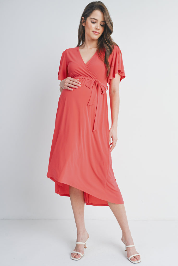 Coral Surplice V Neck Empire Waist Maternity Nursing Dress Front View