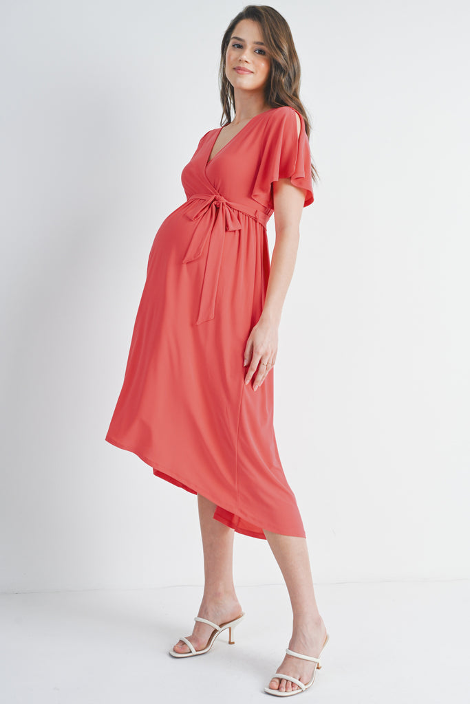 Coral Surplice V Neck Empire Waist Maternity Nursing Dress Side View