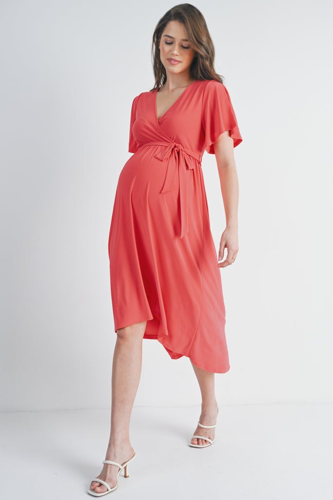 Coral Surplice V Neck Empire Waist Maternity Nursing Dress Side View