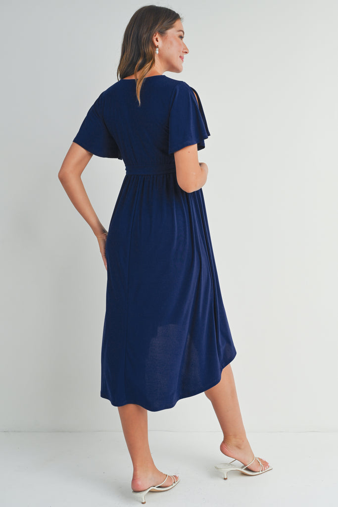 Navy Surplice V Neck Empire Waist Maternity Nursing Dress Back View