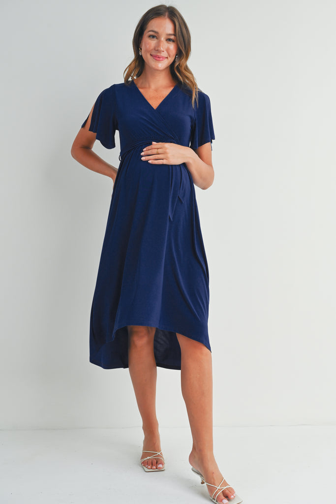 Navy Surplice V Neck Empire Waist Maternity Nursing Dress Front View