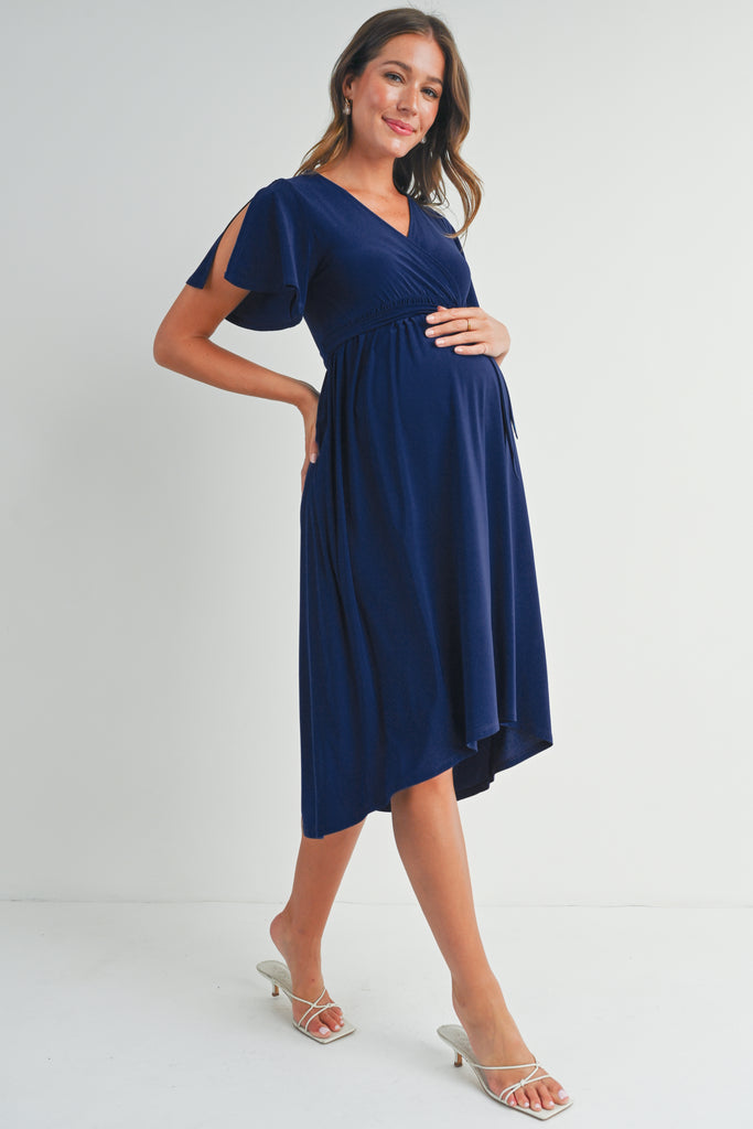 Navy Surplice V Neck Empire Waist Maternity Nursing Dress Side View