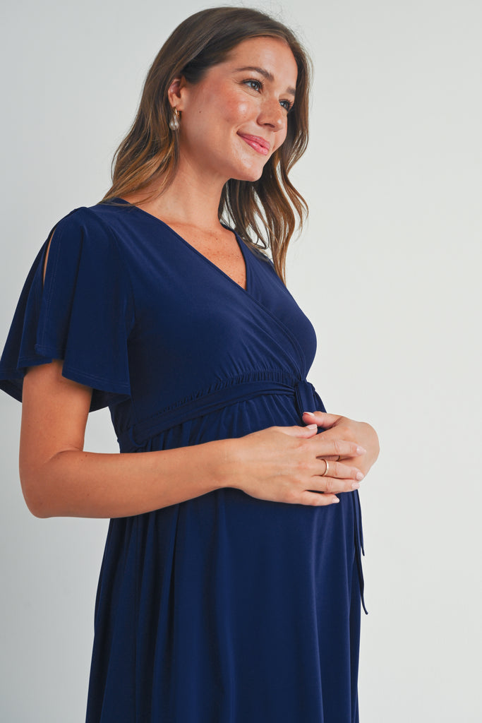 Navy Surplice V Neck Empire Waist Maternity Nursing Dress Side Close Up