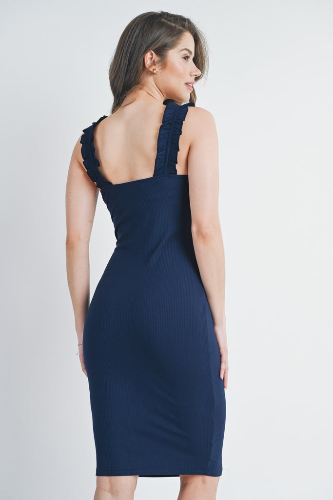 Navy Ruffle Strap Ribbed Maternity Dress Back View