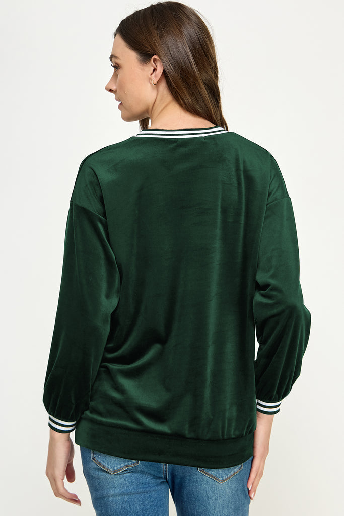 Green Velvet Maternity Sweatshirt with Striped Collar Back