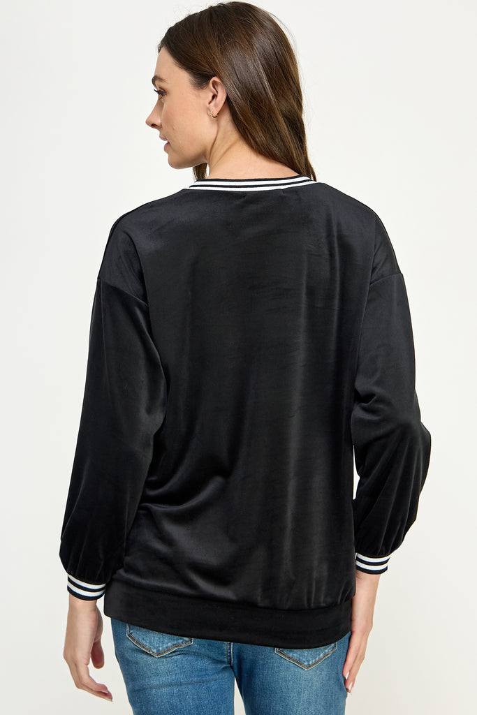 Black Velvet Maternity Sweatshirt with Striped Collar Back